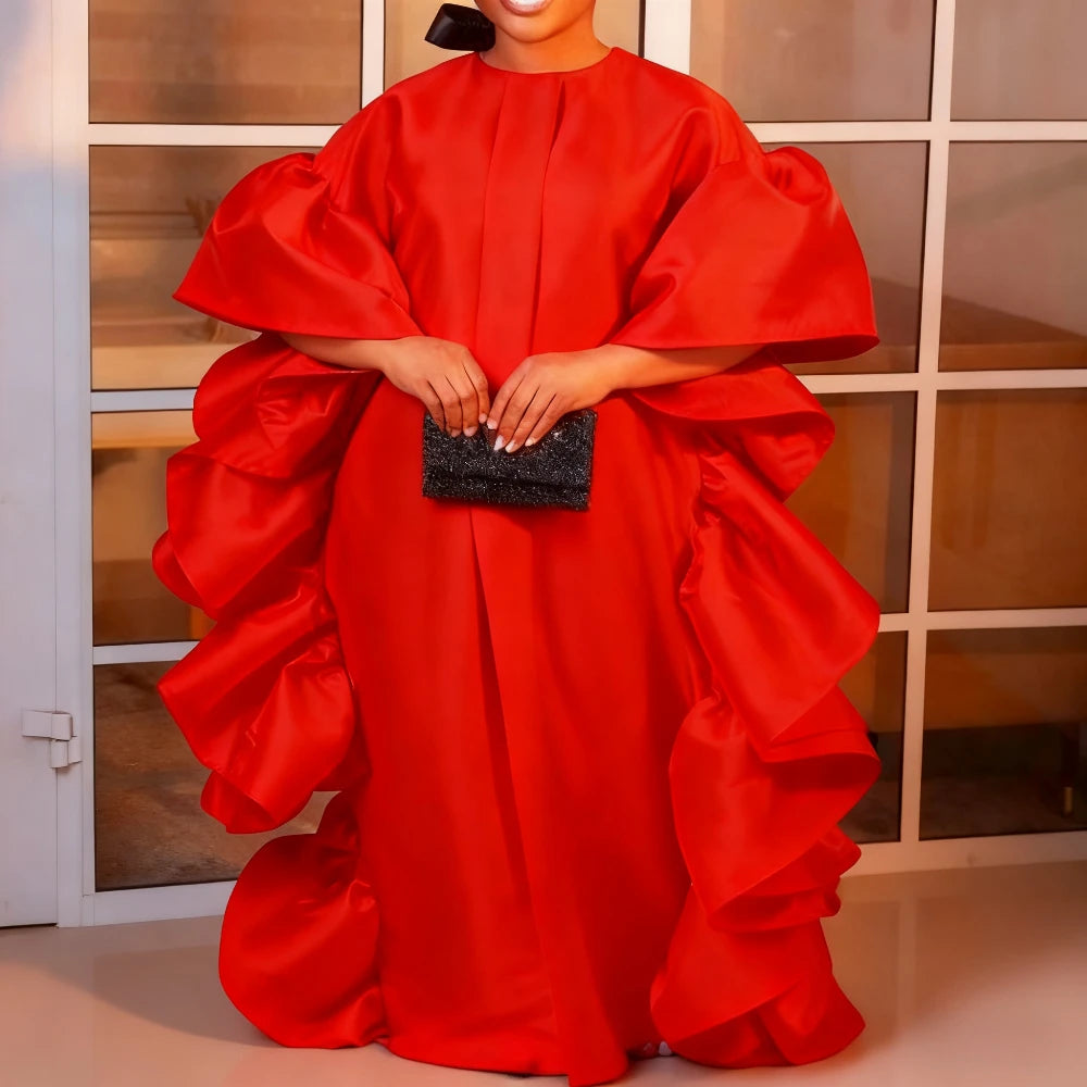 Women Shiny Bubu Dresses Kaftan Loose O Neck Ruffles Christmas Traditional Africa Party African Boubou Gowns Female Event Fall