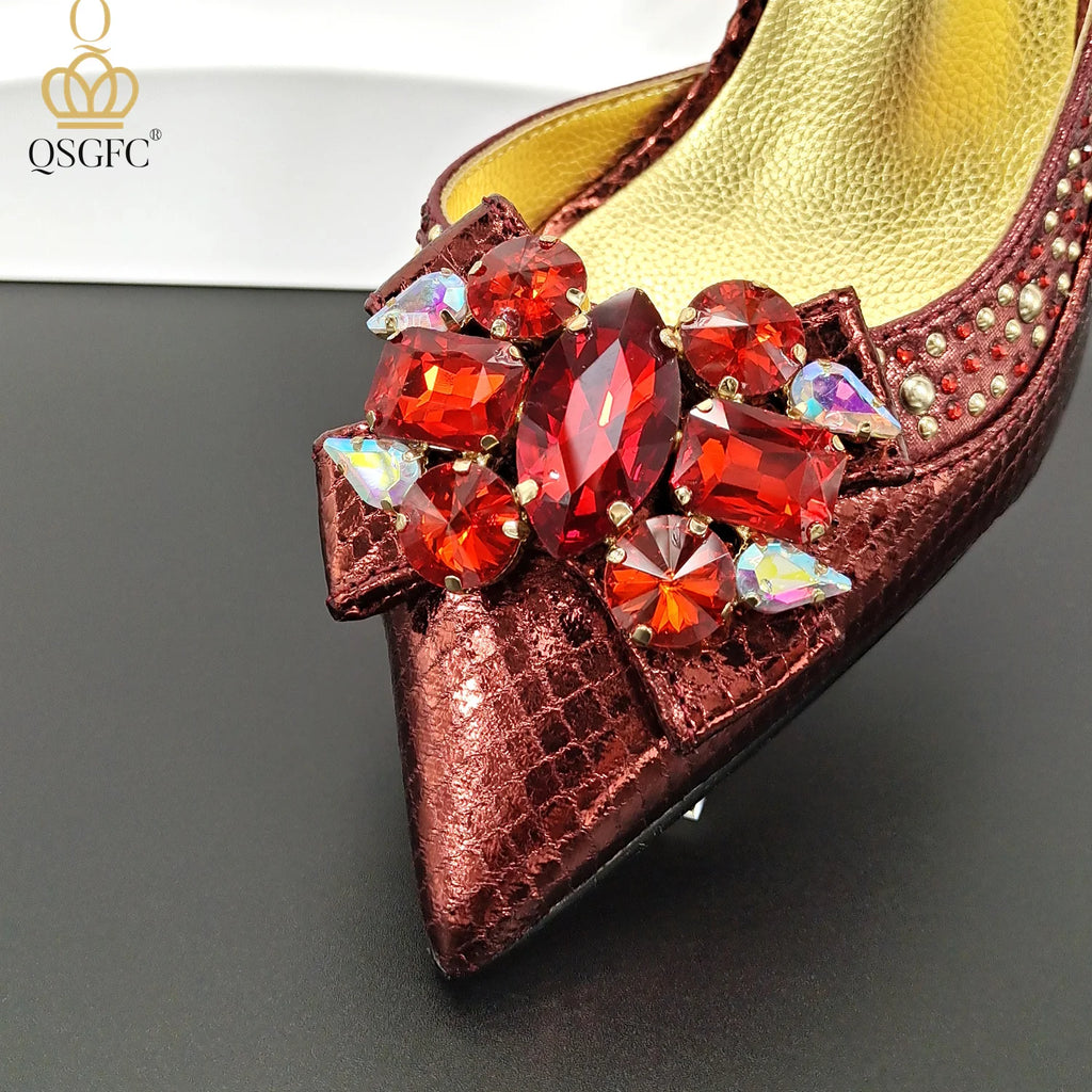QSGFC Nigeria Elegant Ladies Wine Color Crystal Heels And Bag Three-Dimensional Capacity Bag Shiny Material Women Shoes
