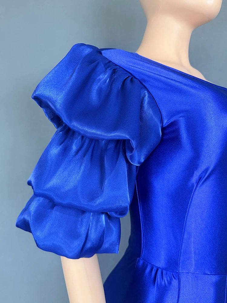 Satin Jumpsuit Woman High Quality Slash Neck Puff Sleeves Party Jumpsuits Woman Elegant Luxury Curvy Evening Jumpsuit Dress