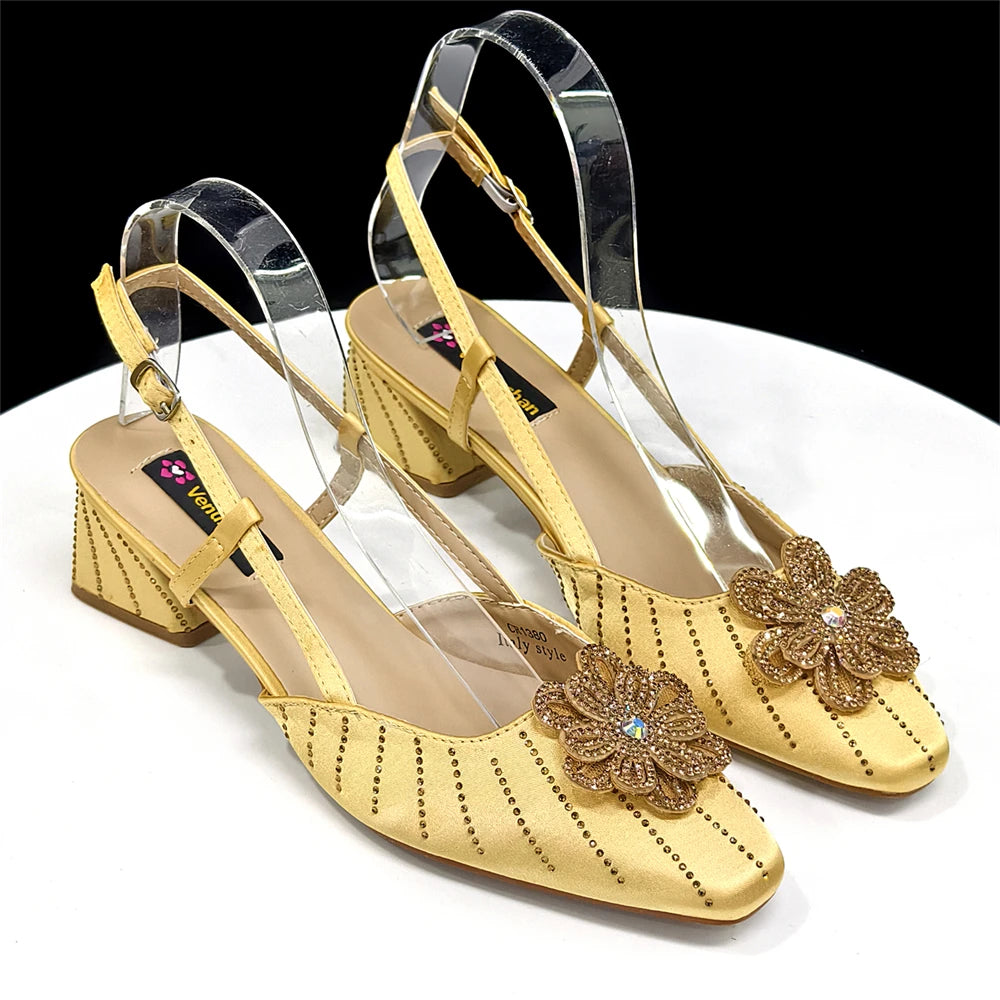 2026 New Elegant Italian Women's Black Heels with Rhinestones and Floral Accents & Matching Clutch Bag Set – Ideal for Parties