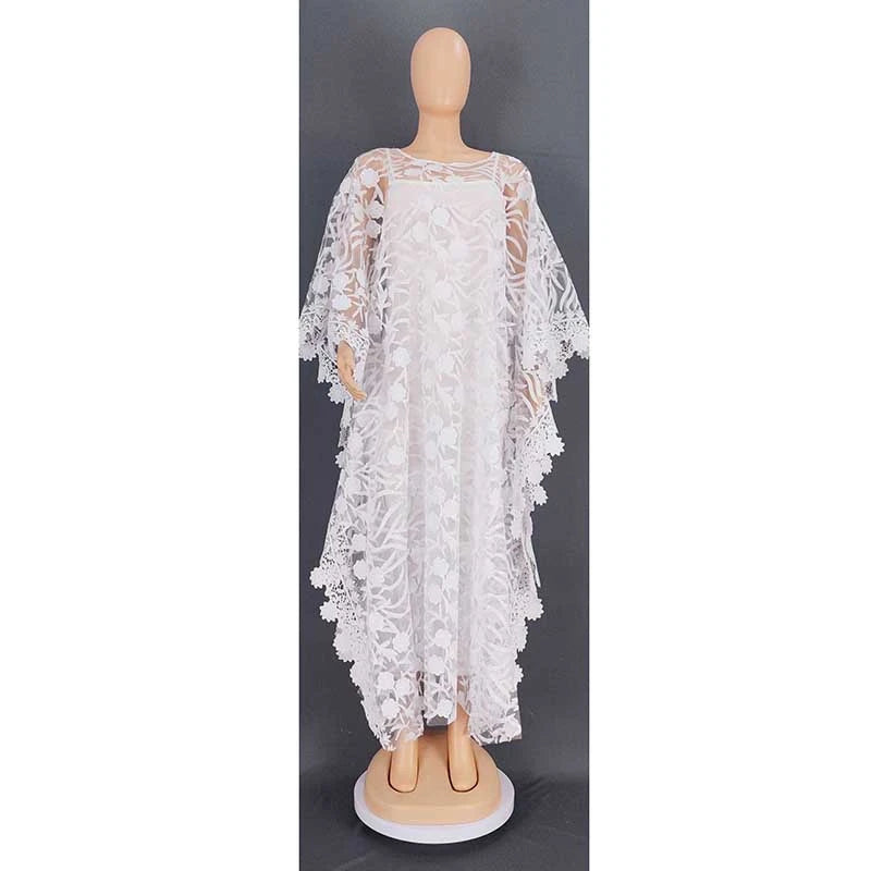 White Lace Hollow Africa Dresses for 2023 Muslim Women Dress African Clothes Dashiki Taditional Boubou Arabic Robe Femme Ramadan