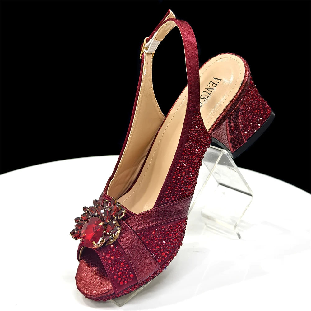 Venus Chan Elegant 2025 Gold Peep-Toe Heels with Diamond Accents - Italian Matching Pumps and Bag Set for Parties