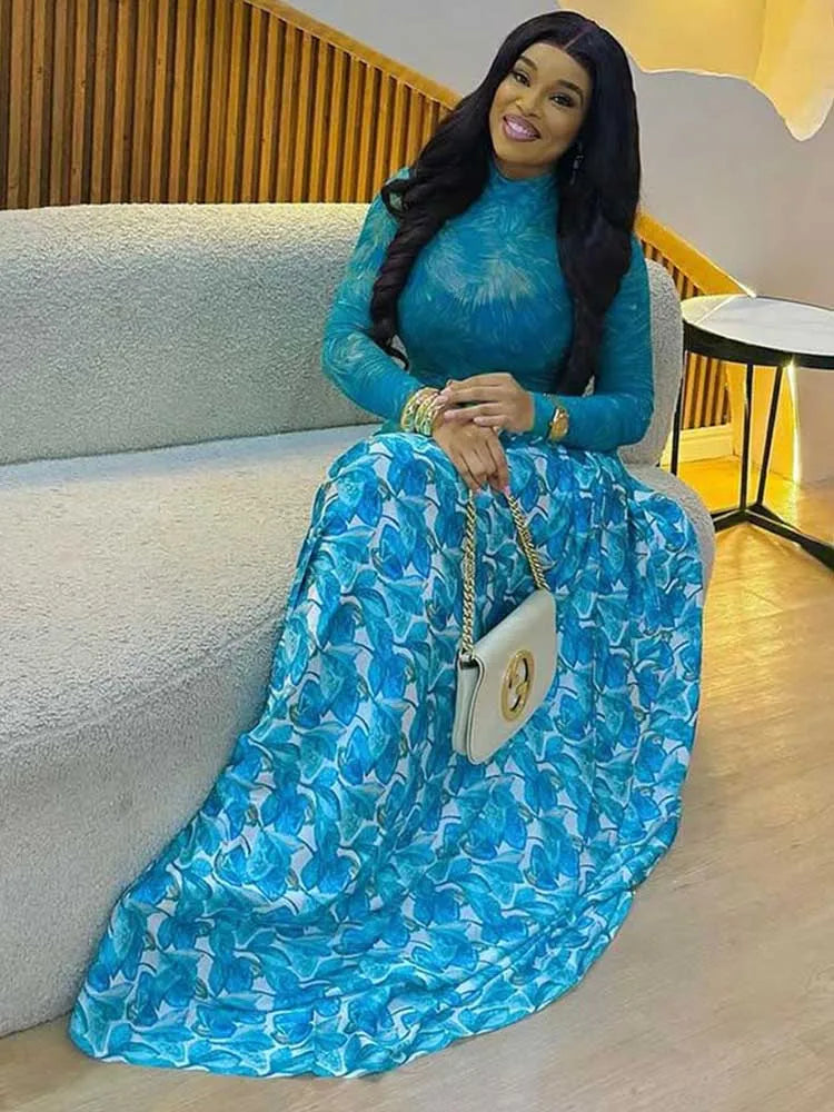 A Line Maxi Dress for Women Autumn Light Blue Long Sleeve Dress Slim Waist Mid-turtleneck Chic Elegant Evening Dresses Ladies