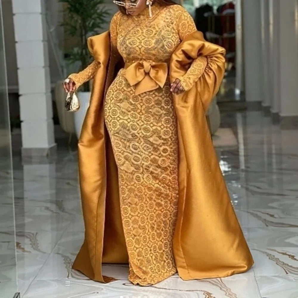 Elegant African Two Pieces Set Inside Bodycon Lace Dresses Sheer Bow Belt Kaftan Boubou Gowns Shiny Robe Weddings Event Occasion