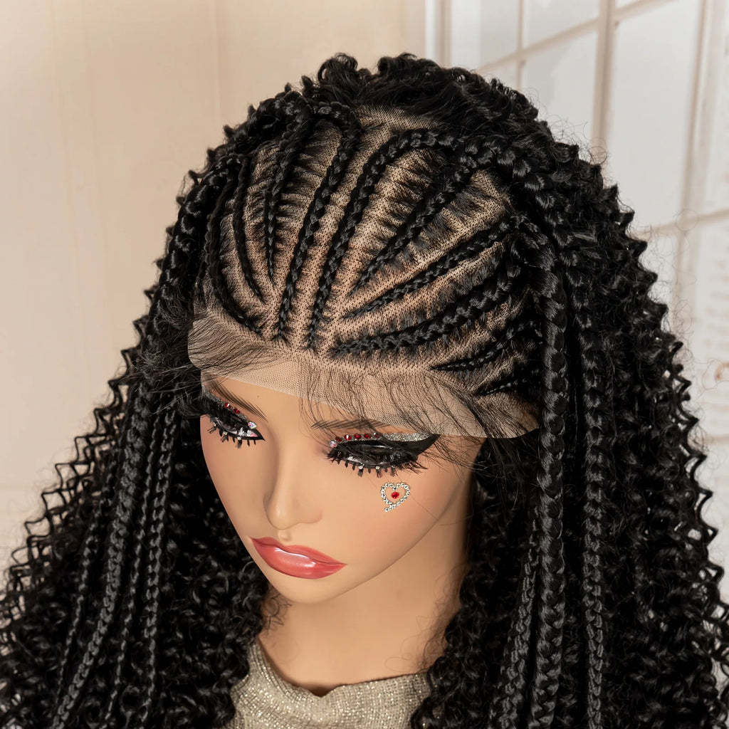 13x6 Lace Frontal Synthetic Braids Wig 22 Inches Cornrow Braided Wig with Curly Handmade Knotless Braiding Wig for Black Women