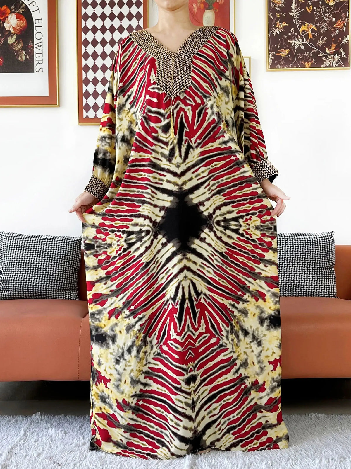 2025 Long Sleeve Embroidered V-Neck Cotton Women Loose Abaya Boho Maxi Dress Casual Fashion Dress African Vestidos