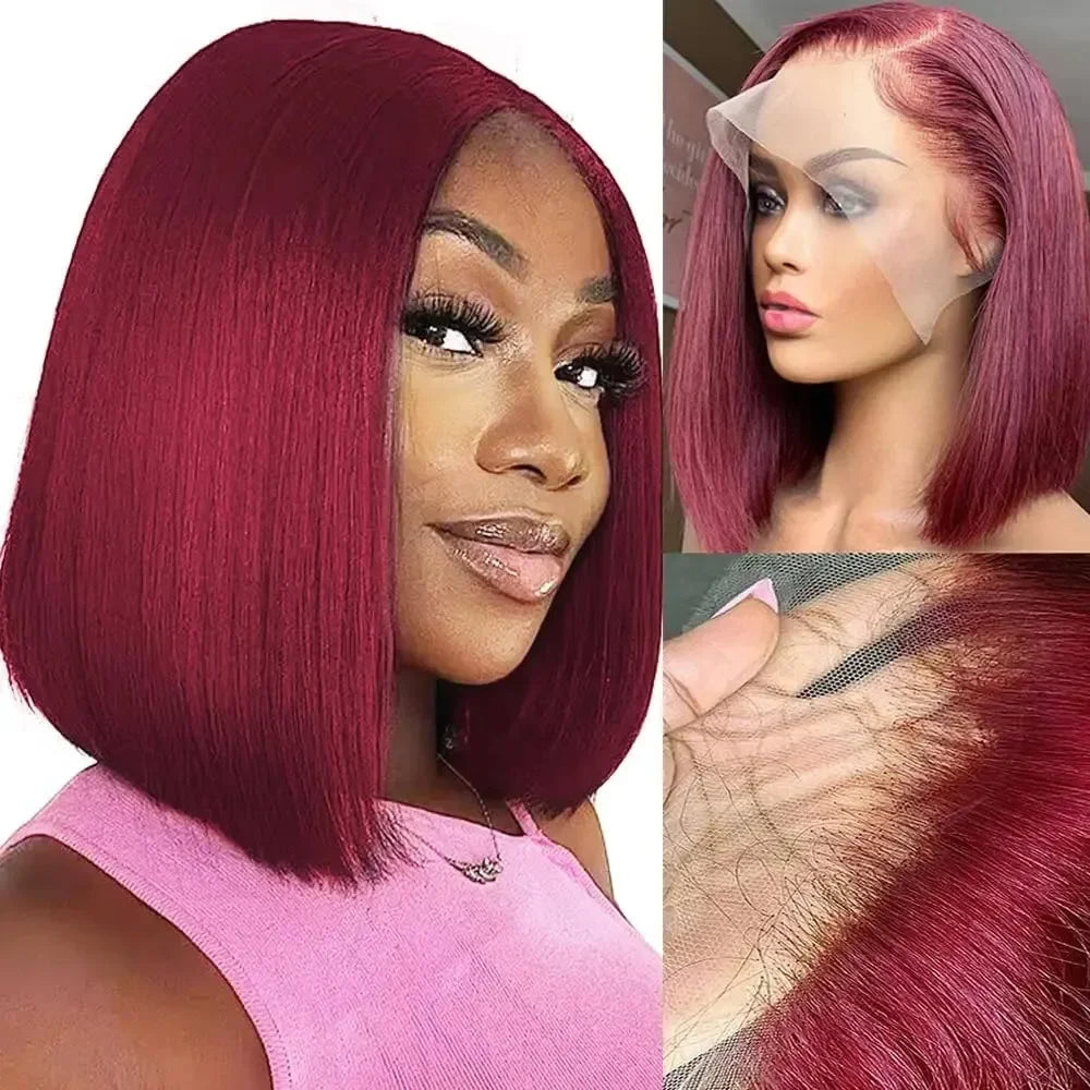 99J Burgundy Bob Wig Human Hair 14 Inch Preplucked Prebleached 13x4 HD Lace Front Wigs 200 Density Short Bob Straight Human Hair