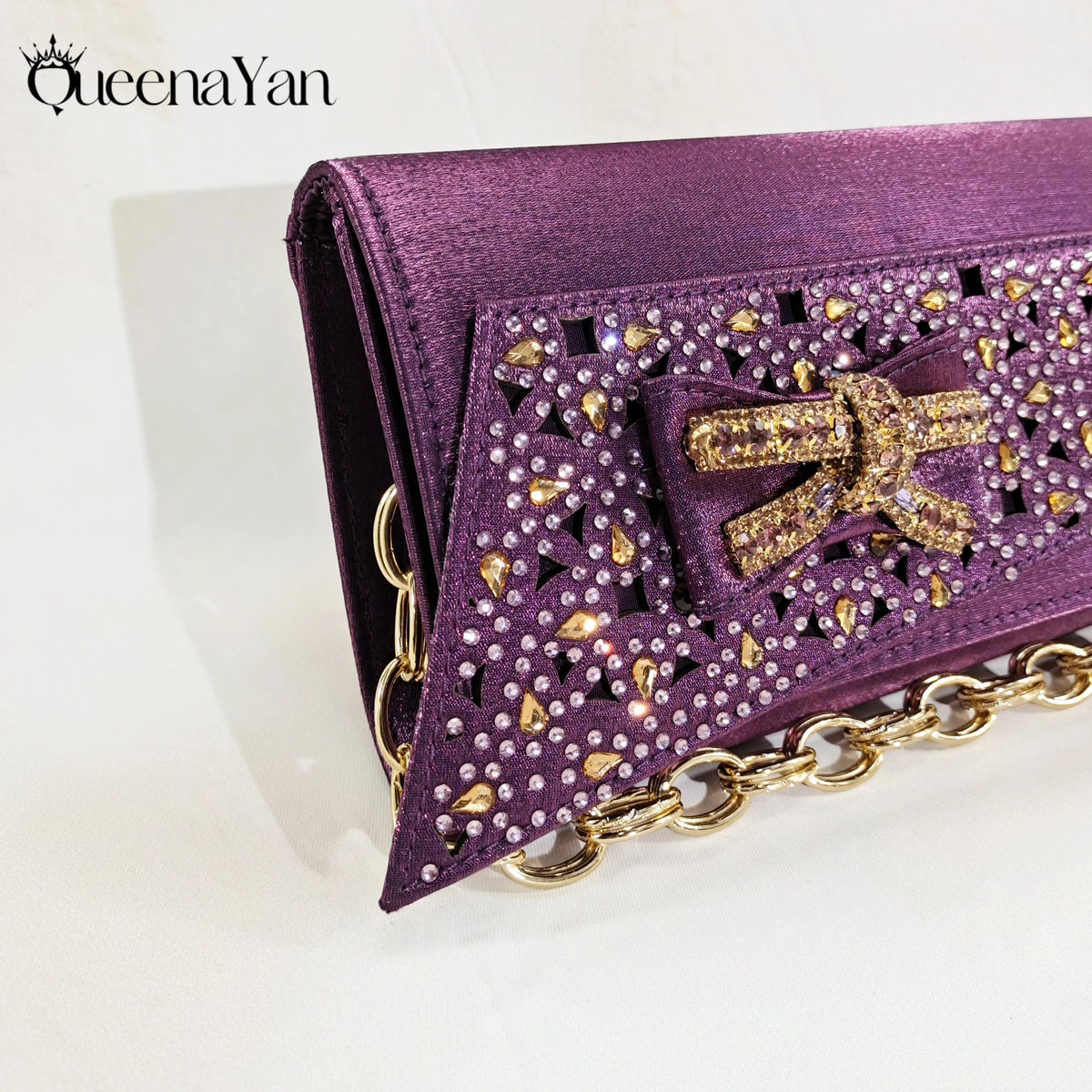Queena Yan Party Wedding Purple Openwork detailing Stylish Peep Toe Design High Heels and Bag Set Decorated With Rhinestone
