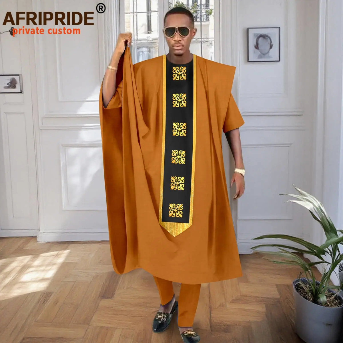African Men Traditional Clothing Embroidery Agbada Robe Short Sleeve Shirts Pants 3 Piece Set Tribal Outftis for Wedding 2516078