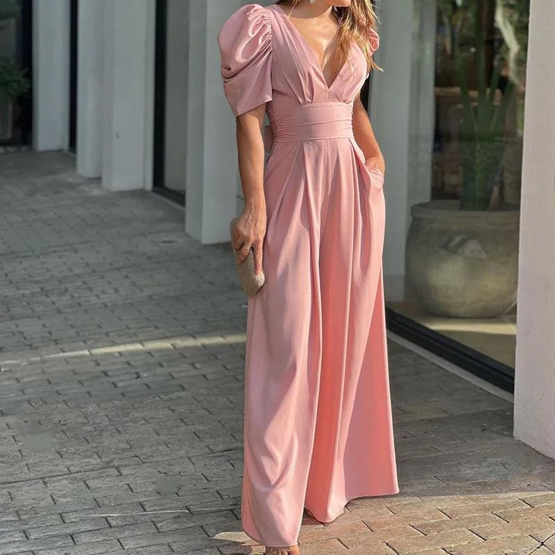 Casual Elegant Women's Summer Trendy Deep V-Neck Puff Sleeve Hollow Backless High Waist Jumpsuit Sexy Slim Pearl Button Belt