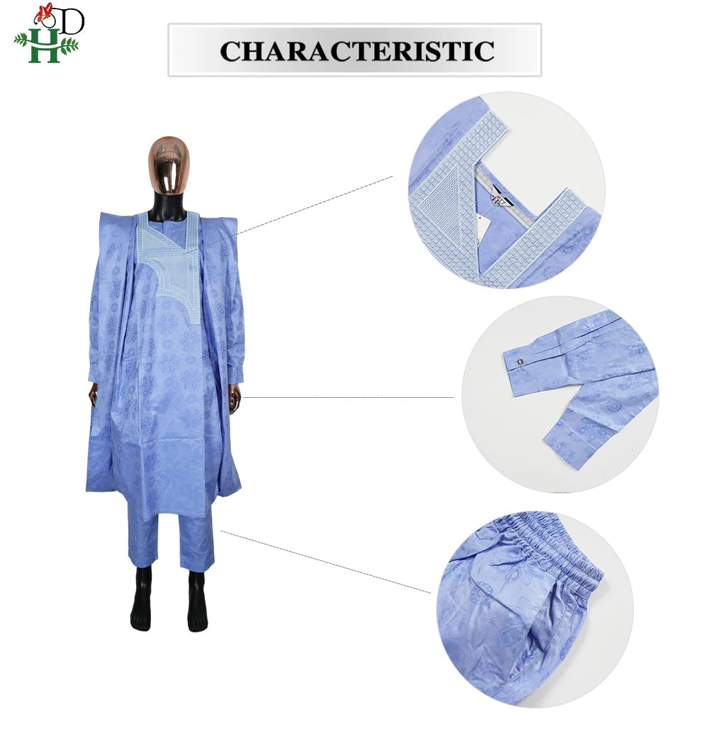 H&D African Clothes Embroidery Blue Gown Plus Size For Men Elegant Party Wedding Thobe 3 PC Top and Pants Suits Set Daily Wear