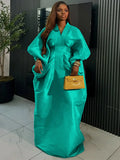 Elegant Women Long Loose Dresses Pleated Evening V Neck Lantern Sleeve African Female Classy Fashion Glitter Party Bubu Dress