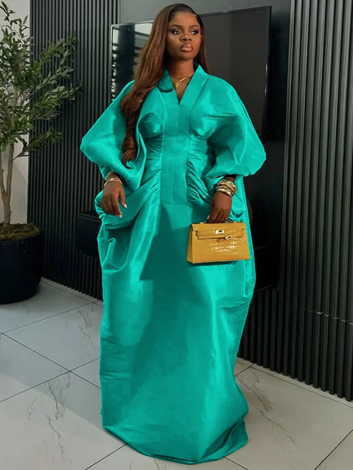 Elegant Women Long Loose Dresses Pleated Evening V Neck Lantern Sleeve African Female Classy Fashion Glitter Party Bubu Dress