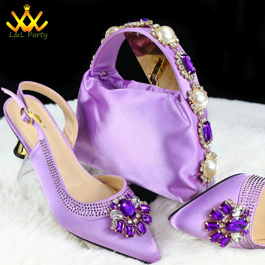 Shinning Crystal New Arrivals Comfortable Mid Heel Lemon Green Color Winter Newest African Shoes and Bag Set for Party