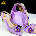 Shinning Crystal New Arrivals Comfortable Mid Heel Lemon Green Color Winter Newest African Shoes and Bag Set for Party
