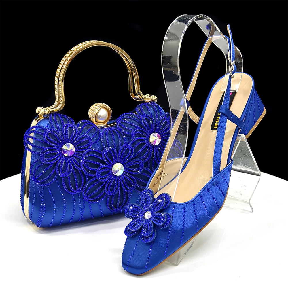 2026 New Elegant Italian Women's Black Heels with Rhinestones and Floral Accents & Matching Clutch Bag Set – Ideal for Parties