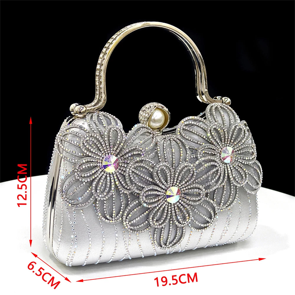 2026 New Elegant Italian Women's Black Heels with Rhinestones and Floral Accents & Matching Clutch Bag Set – Ideal for Parties