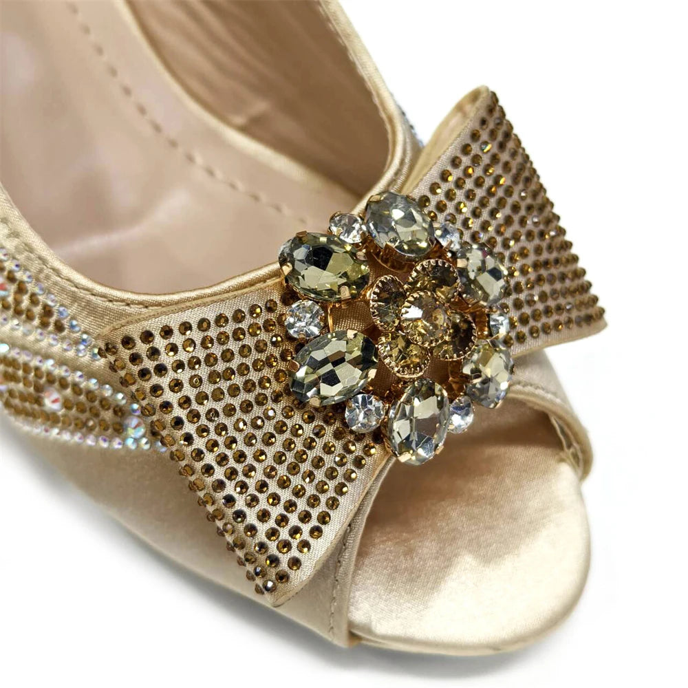 Venus Chan Italian Shoes and Bags Matching Set 2024 Peep Toe High Heels Peach Colour Bow Rhinestones Women Shoes for Party