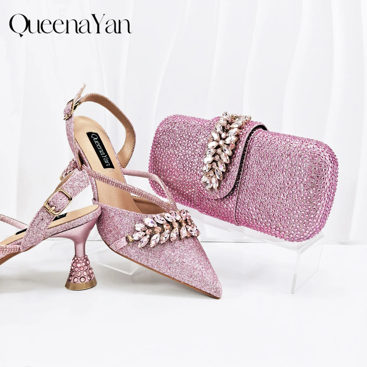 QueenaYan 2026 New Shiny Italian Fashion Pointed Toe Women Heel Fashion Rhinestone Decoration Pink Color Shoes And Bag Set
