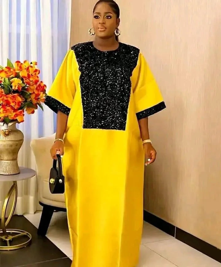 Bubu Kaftan Dress for Church African Dresses Women Shiny Sequined Traditional Africa Clothing Long Loose Patchwork O Neck Gowns