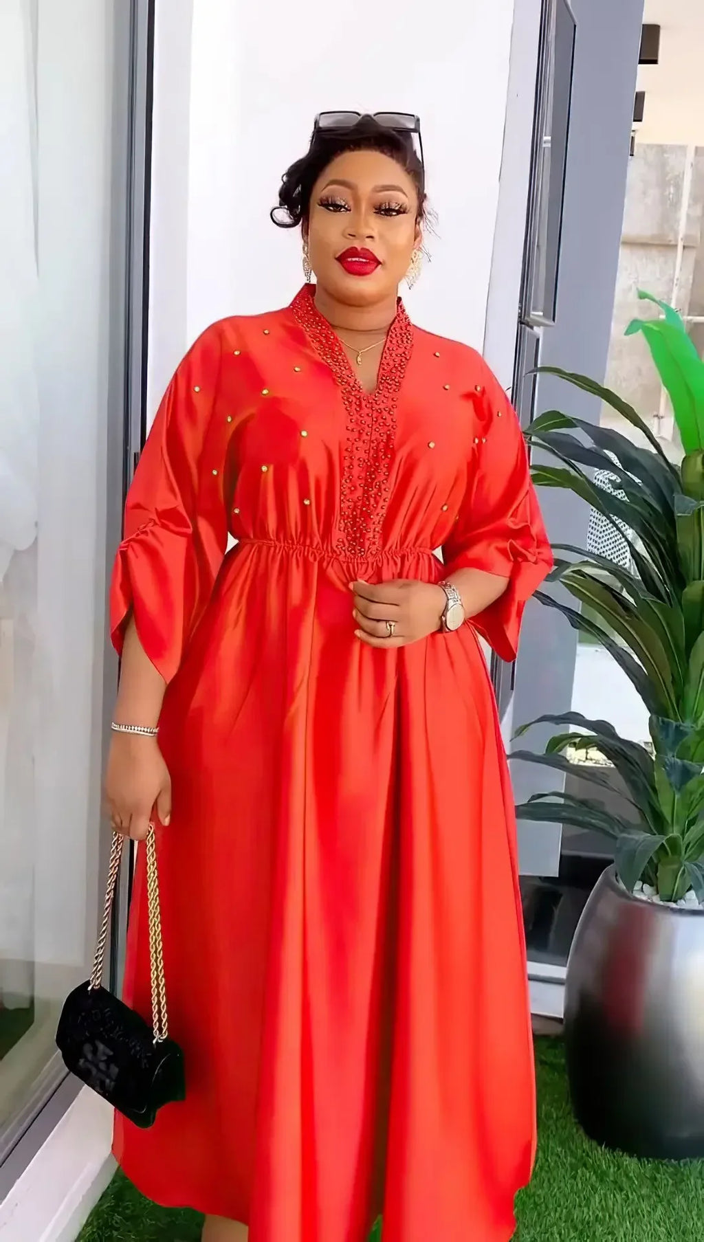 Women Elegant Shiny Satin Loose Party Dress V Neck Beading High Waist Long Gowns Formal Celebrate Evening Event Birthday Robes
