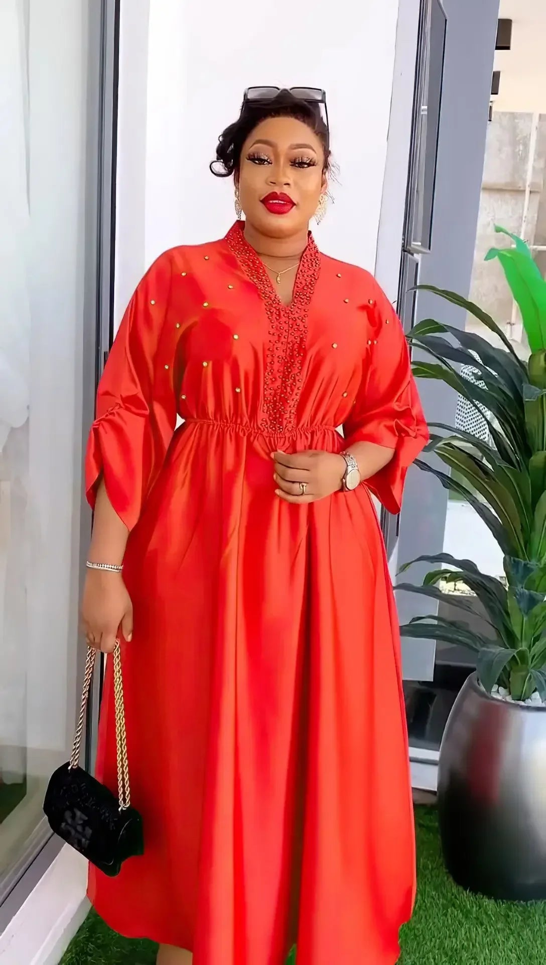 Women Elegant Shiny Satin Loose Party Dress V Neck Beading High Waist Long Gowns Formal Celebrate Evening Event Birthday Robes