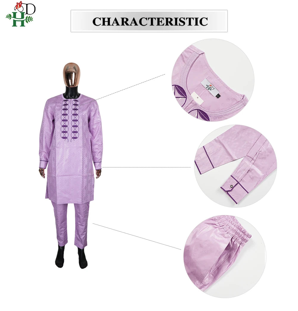 H&D African Clothing For Man Traditional Agbada Sets 2PCS Purple Bazin Riche Shirt Pant Embroidery Wedding Party Suits Plus Size