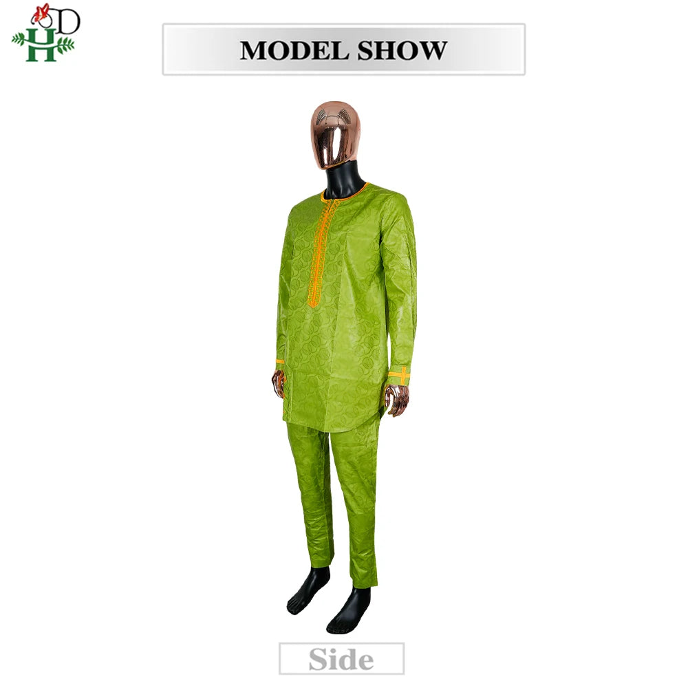 H&D African Clothing For Man Traditional Agbada Sets 2PCS Green Bazin Riche Shirt Pant Embroidered Wedding Party Suits Plus Size