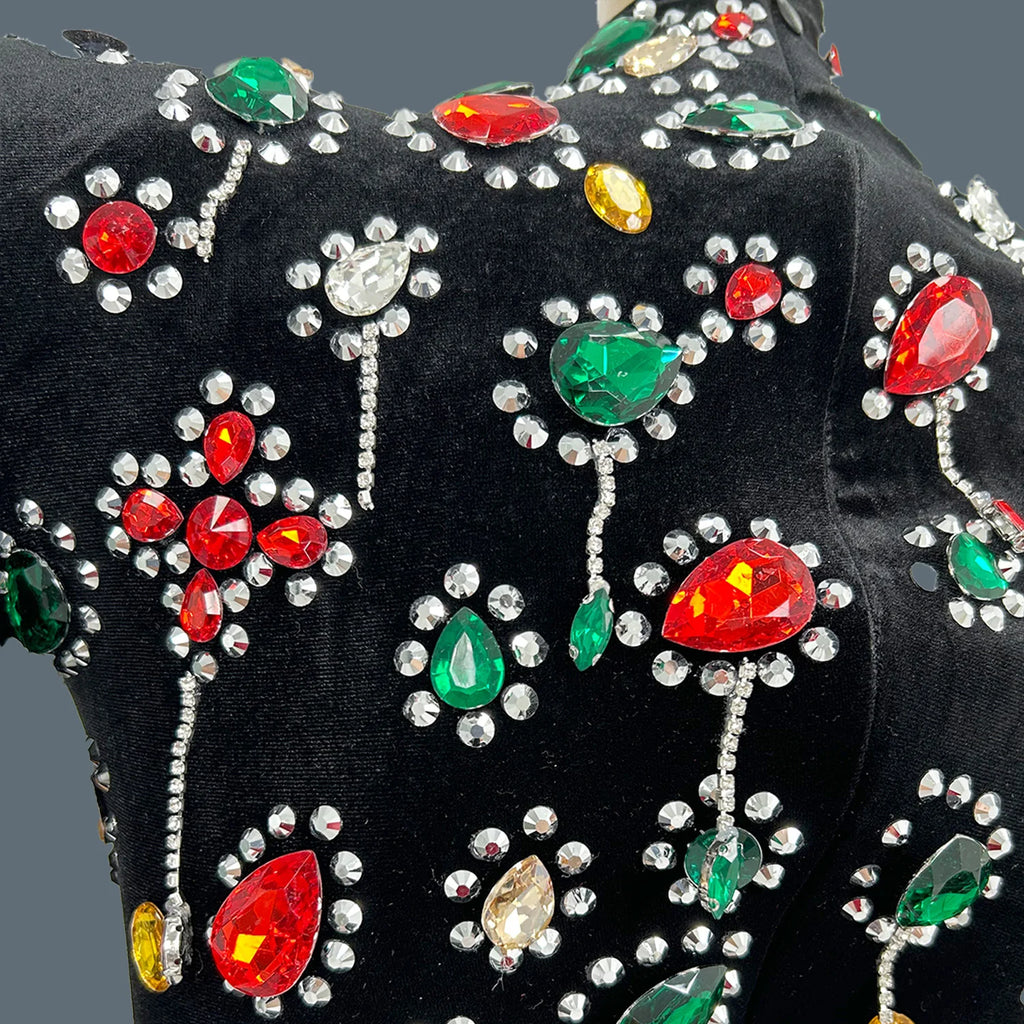 Luxury Colorful Rhinestones Prom Dress Gloves Sleeve Women Sexy Velvet Long Gowns Evening Birthday Party Costume Caihongtang