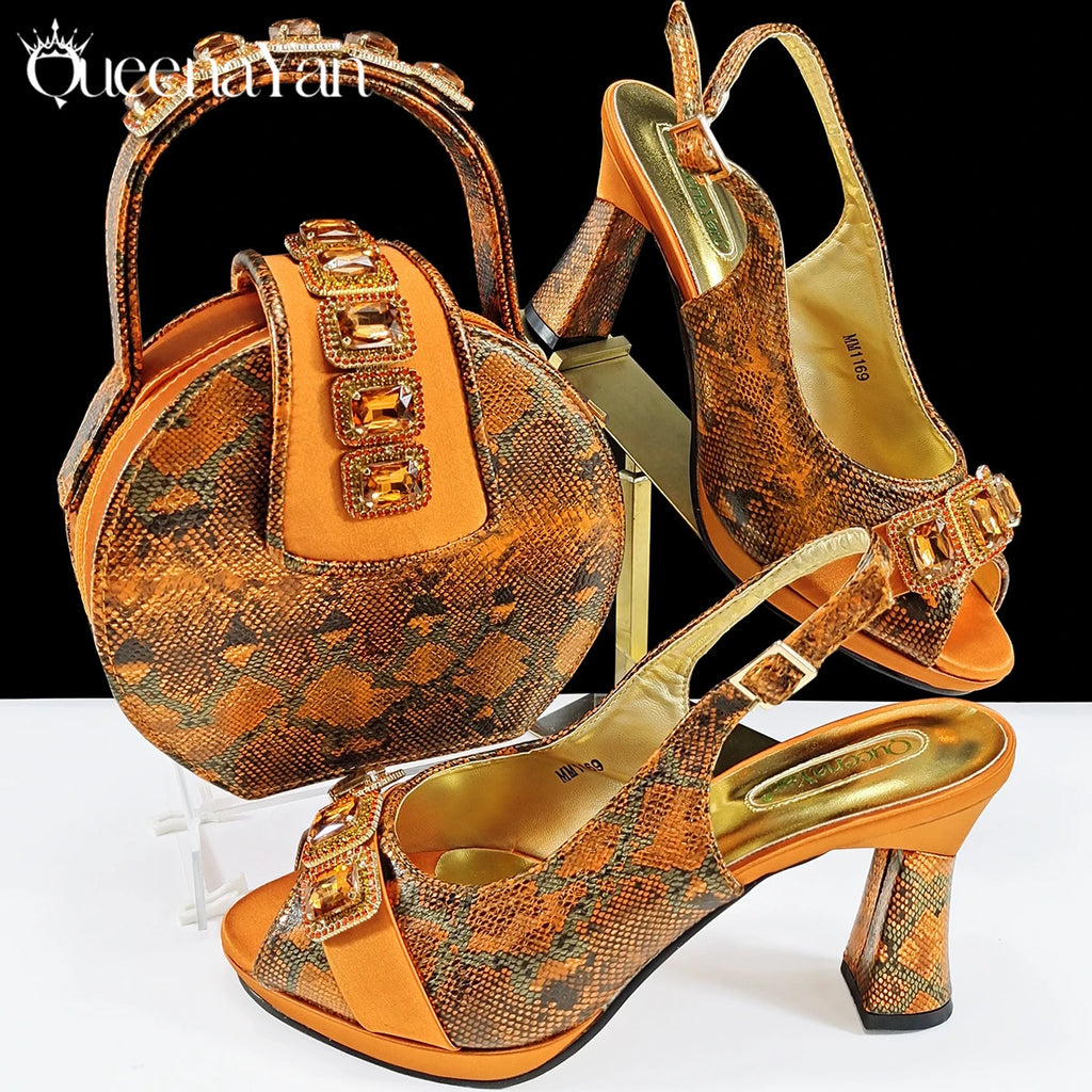 Queena Yan New Luxurious Italian Women's Party Shoes&Bag Set Elegant Golden Rhinestone  Sandals with Peep Toe High Heels Wedding