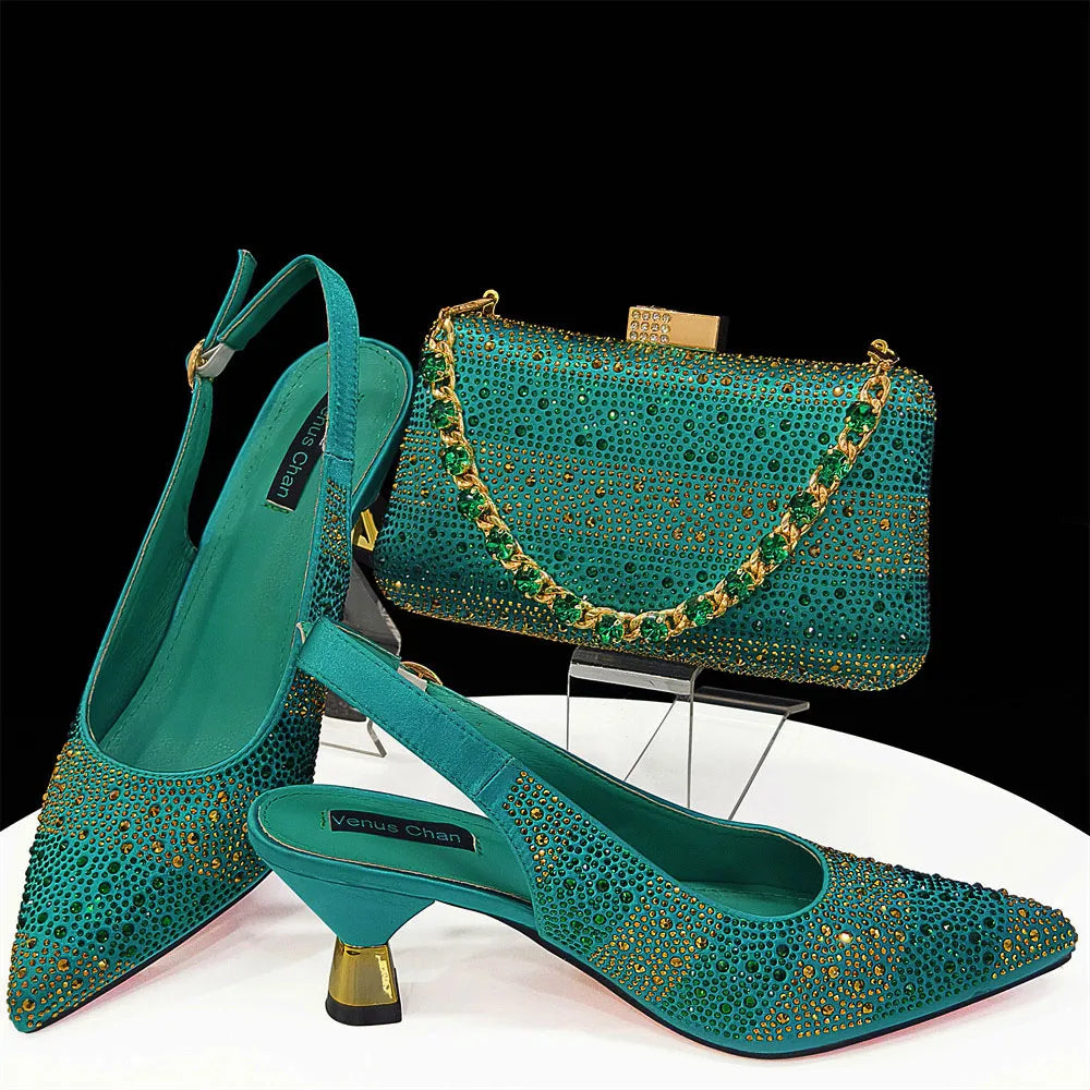 Venus Chan- Elegant High Heels Shoes and Bag Set for Women Pointed Toe Black Color Hollow Rhinestones Matching Bag INS 2024