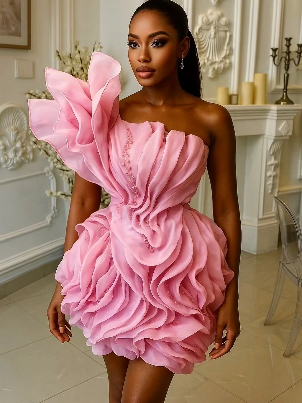 Asymmetric Mesh Ruffle Mini Cocktail Dress One Shoulder Chiffon Beaded Summer Party Dress Puffy Tiered Floral Short Prom Gowns