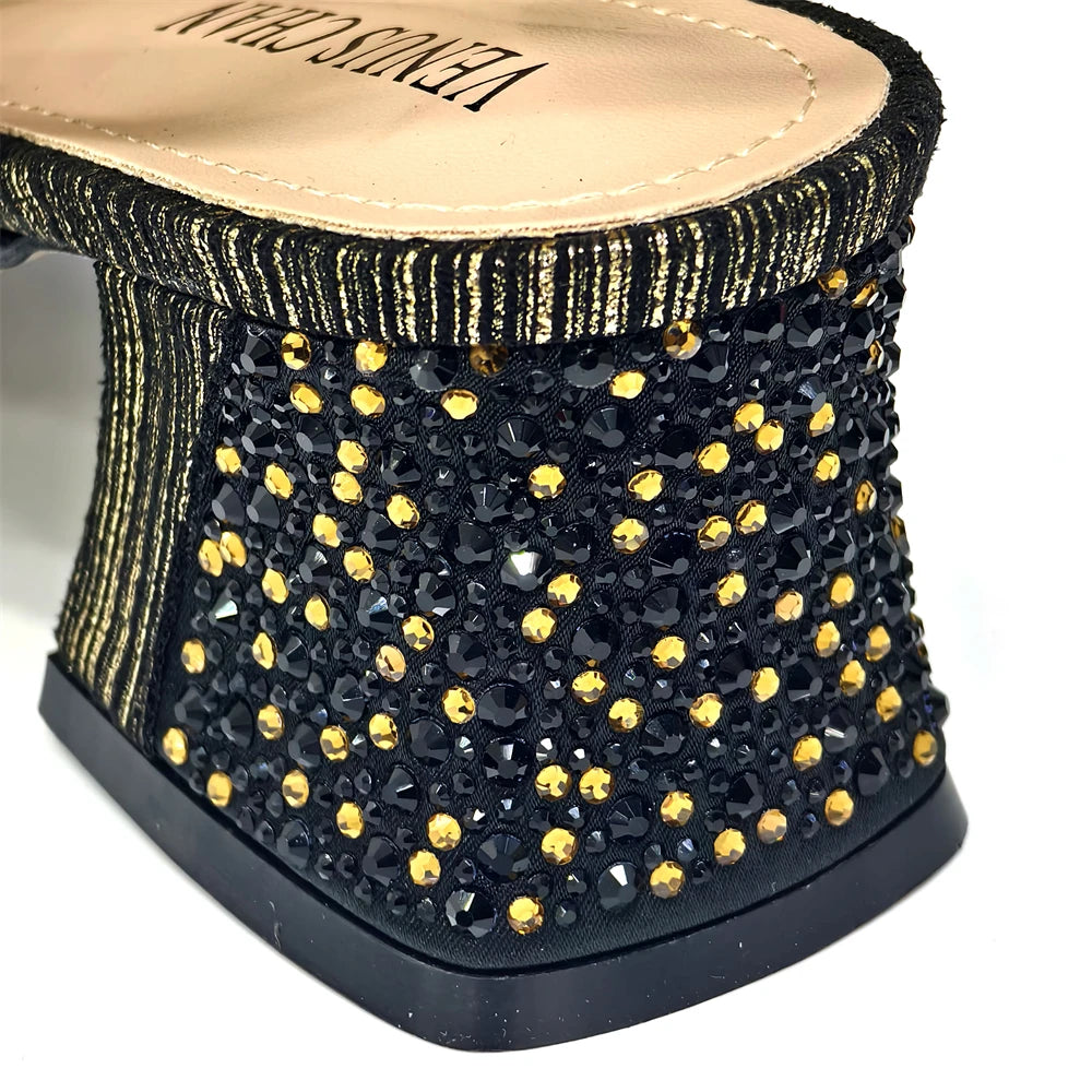 Venus Chan Elegant 2025 Gold Peep-Toe Heels with Diamond Accents - Italian Matching Pumps and Bag Set for Parties