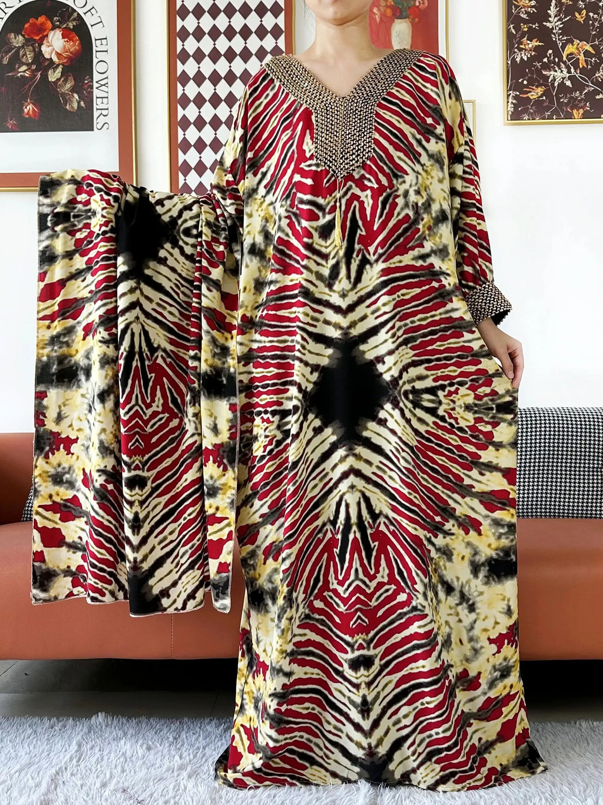 2025 Long Sleeve Embroidered V-Neck Cotton Women Loose Abaya Boho Maxi Dress Casual Fashion Dress African Vestidos