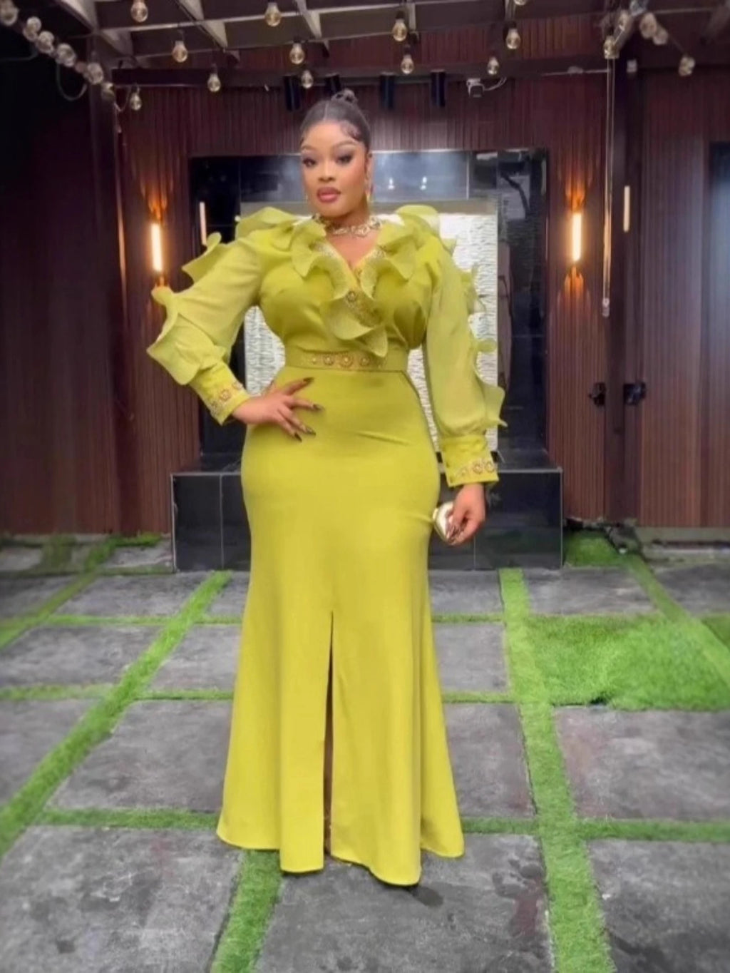 Luxuty Women Party Peplum Maxi Dress V Neck Long Sleeve Slit Package Hip Bodycon Elegant Wedding Evening Party African Female