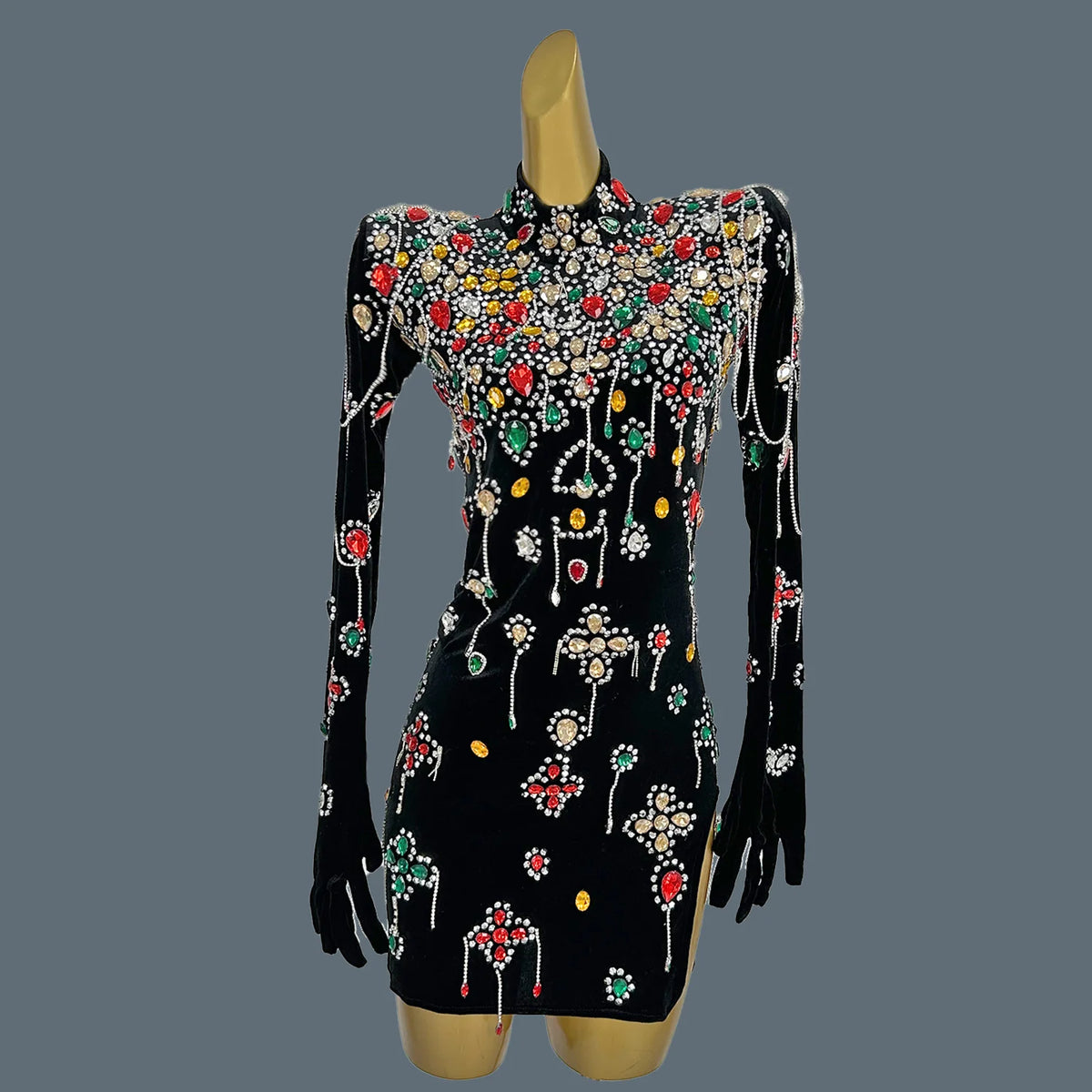 Luxury Colorful Rhinestones Prom Dress Gloves Sleeve Women Sexy Velvet Long Gowns Evening Birthday Party Costume Caihongtang