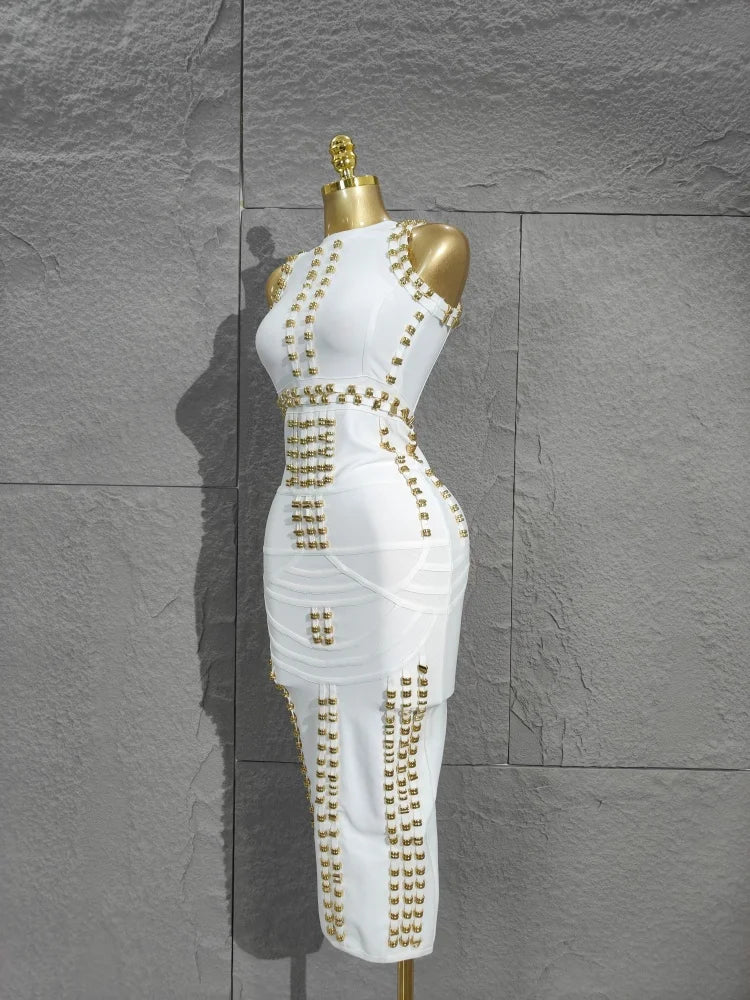 Real Rayon Bandage Midi Dress - High-Quality, Sleeveless with Beads, Thick Knitted Elastic for Vintage Party Occasions