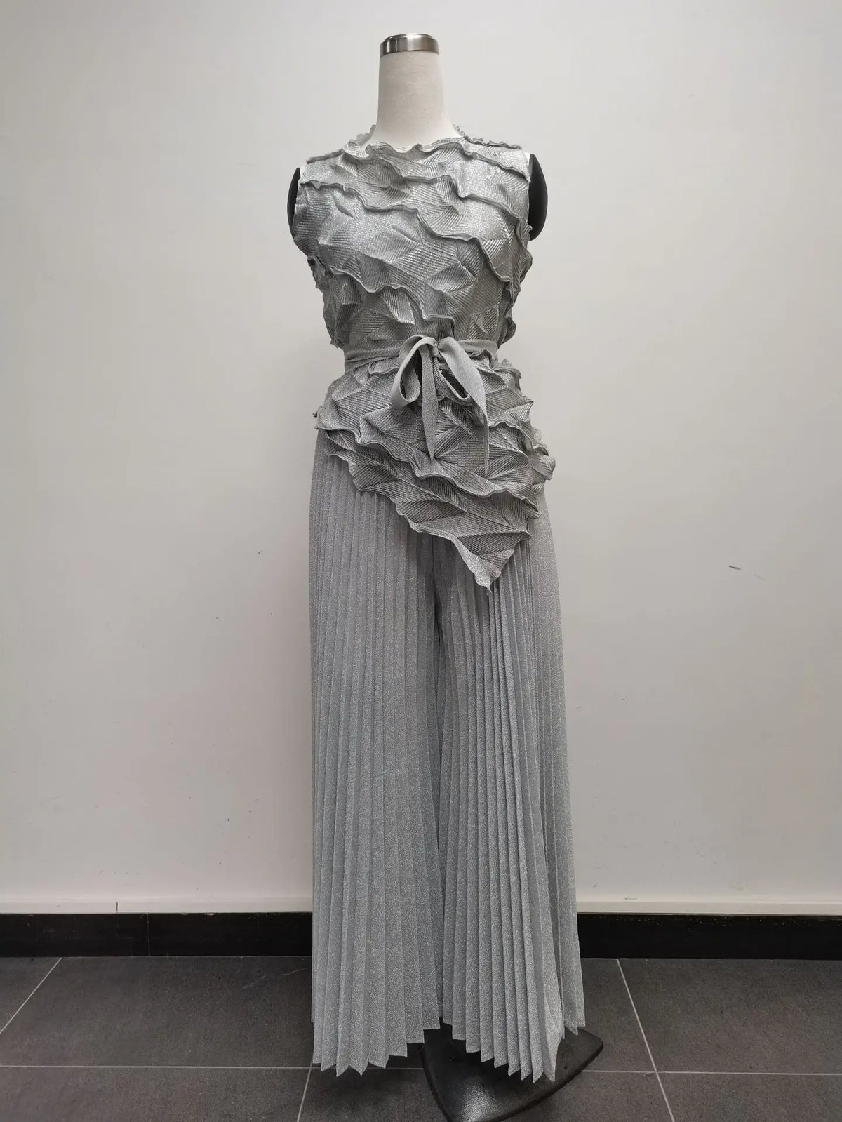 Pleated Sleeveless Lace-up Vest Top New Wide Leg Loose Pants 2 Piece Set Temperament Solid Color Elegant Commuter Clothing 2025