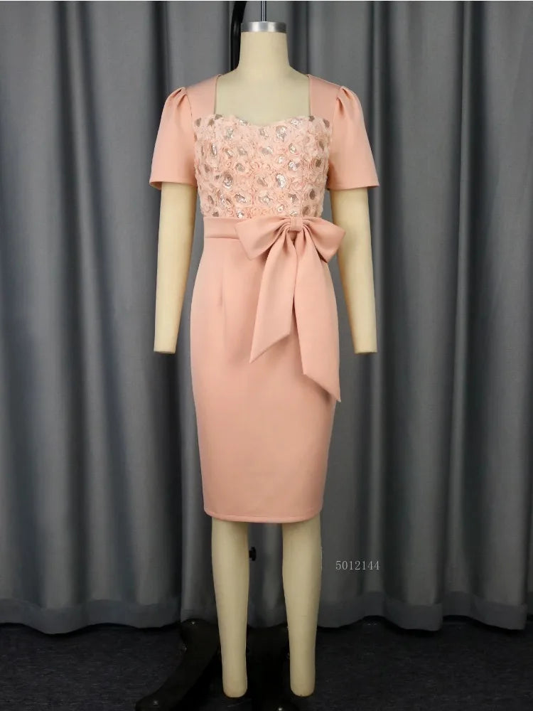 Sweetheart Neck Short Sleeve Patchwork Wedding Guest Dress with Bow 3D Rose Sequin Detail Package Hip Elegant Knee-Length Dress