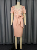 Sweetheart Neck Short Sleeve Patchwork Wedding Guest Dress with Bow 3D Rose Sequin Detail Package Hip Elegant Knee-Length Dress