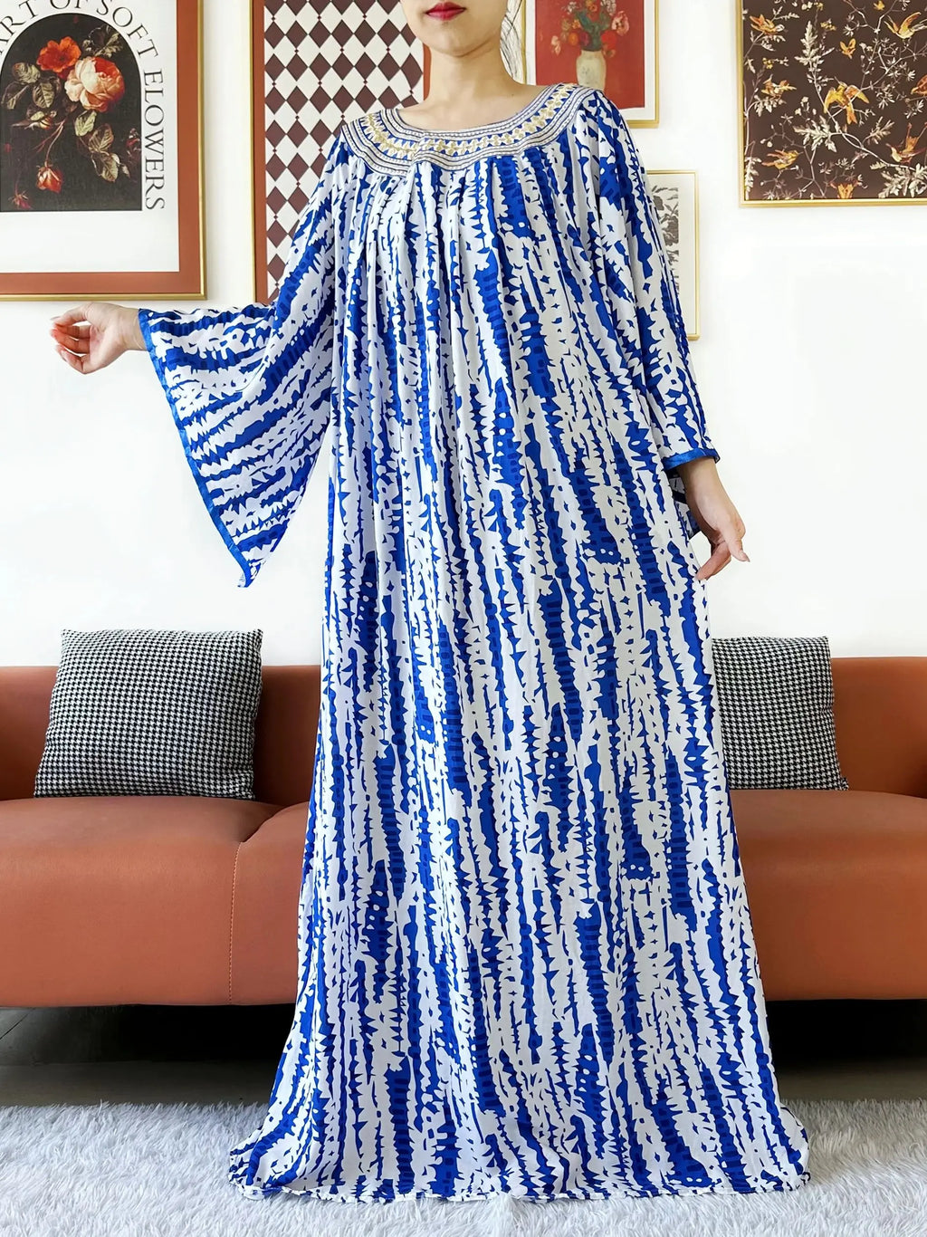 Summer Dress Embroidered Round Neck Cotton Women Long Loose Abaya Boho Maxi Dress Casual Fashion Dress African Vestidos