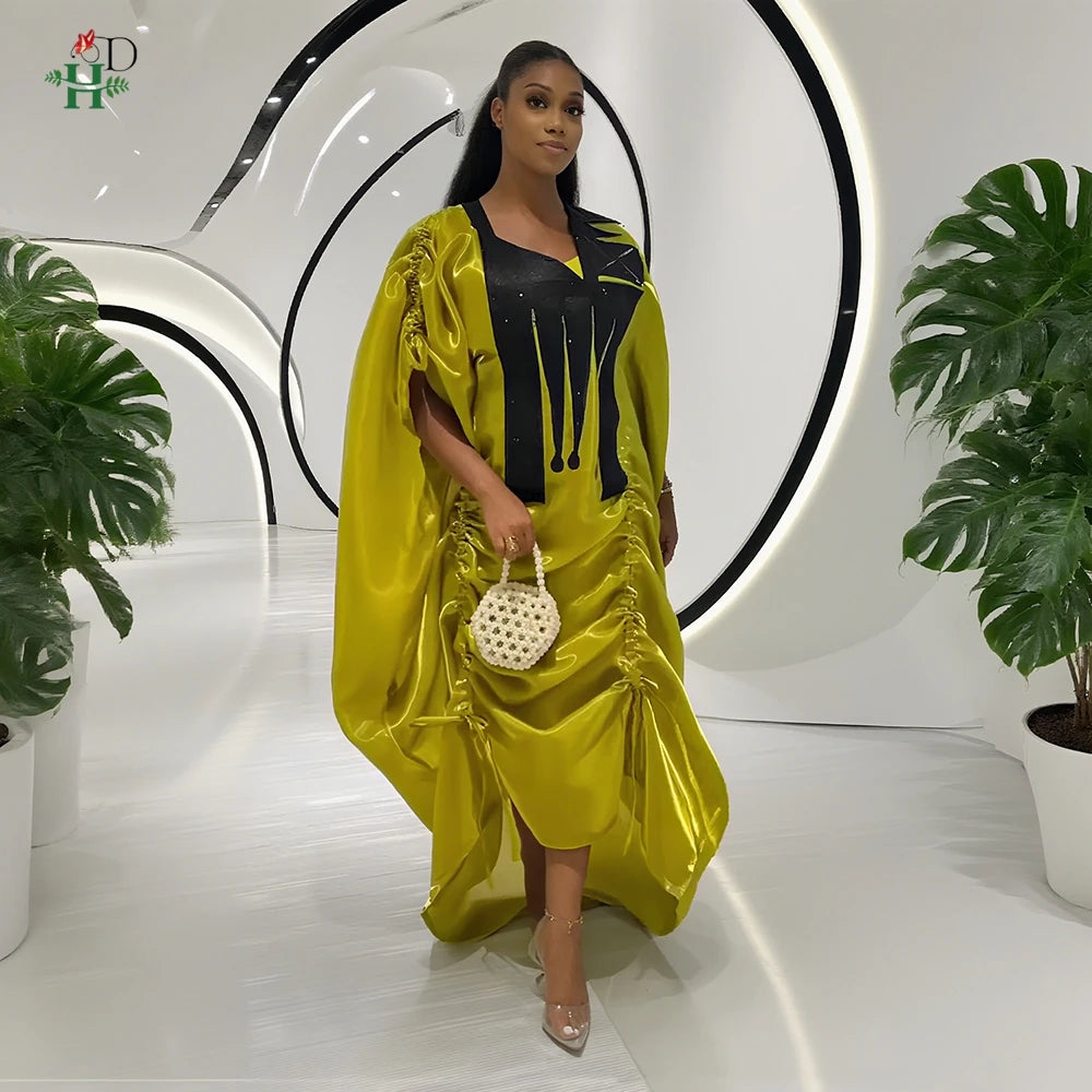 H&D African Women Plus Size Clothes New Arrival V-Neck Batwing Sleeve Embroidered Ruched Irregular Dress Wedding Gown Bubu Robe