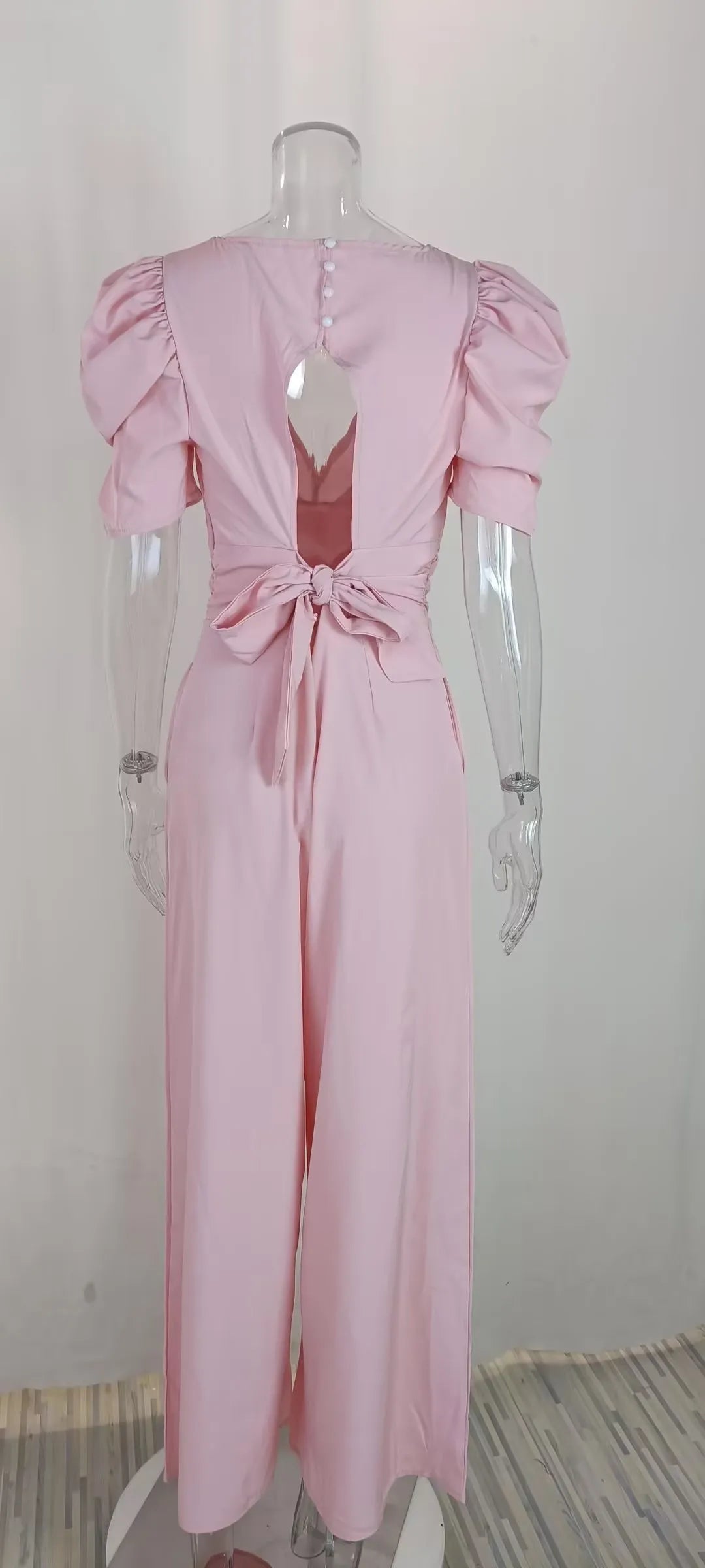 Casual Elegant Women's Summer Trendy Deep V-Neck Puff Sleeve Hollow Backless High Waist Jumpsuit Sexy Slim Pearl Button Belt
