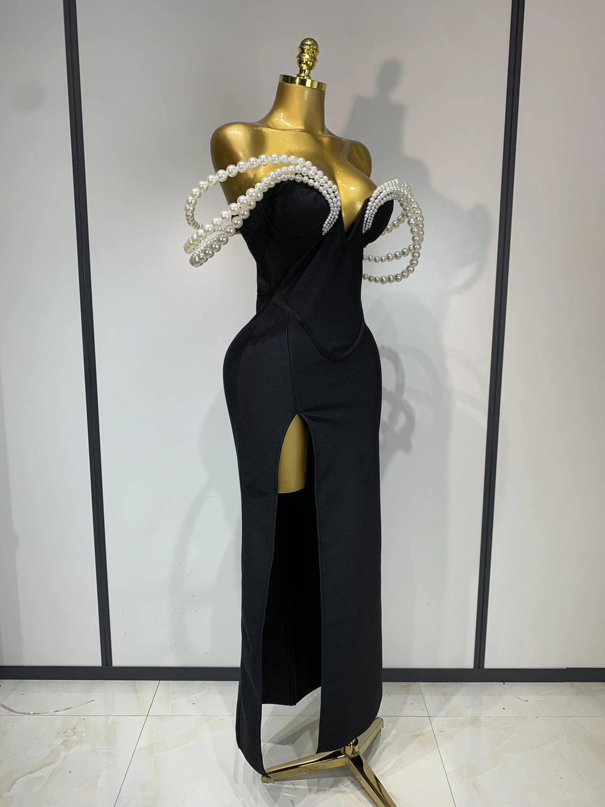 Women Luxury Designer Pearls V Neck Maxi Long Bandage Bodycon Dress Celebrity Evening Party Birthday Gowns Singer Stage Costumes