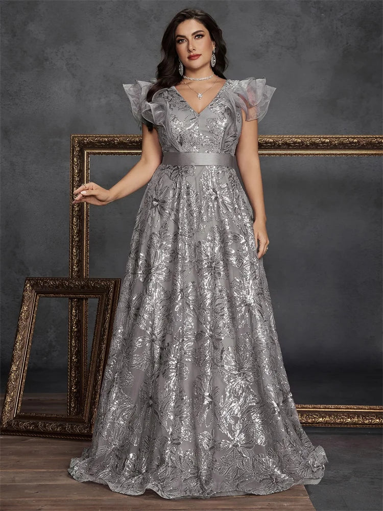 Lucyinlove Plus Size Luxury V-Neck ruffle sleeve Sequins Evening Dresses Women Elegant V-back Wedding Party Prom Cocktail Gowns