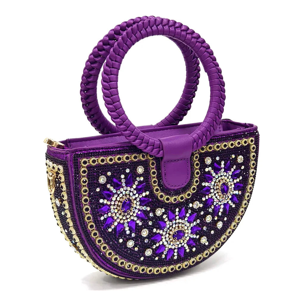 2024 New Designer Specials Italian Women Heels Shoes and Bag Set Royal Purple Color Comfortable With Rhinestone for Party
