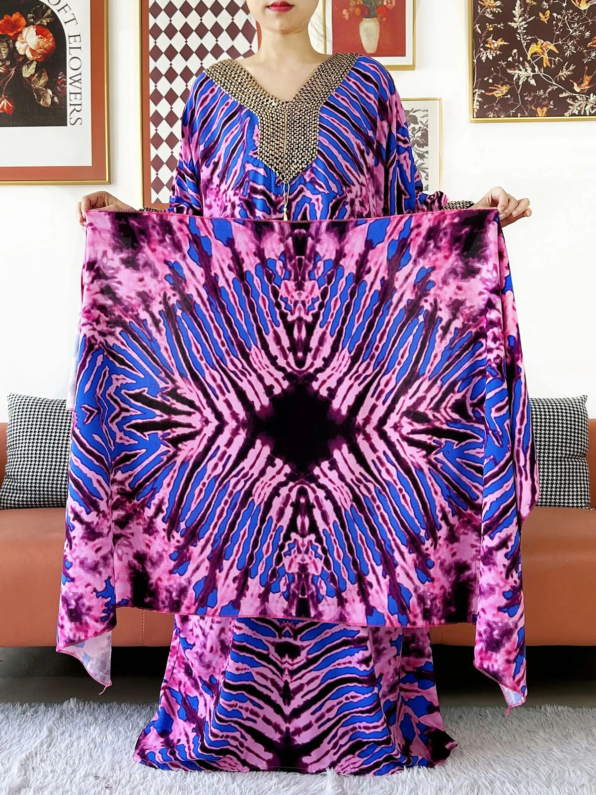 2025 Long Sleeve Embroidered V-Neck Cotton Women Loose Abaya Boho Maxi Dress Casual Fashion Dress African Vestidos
