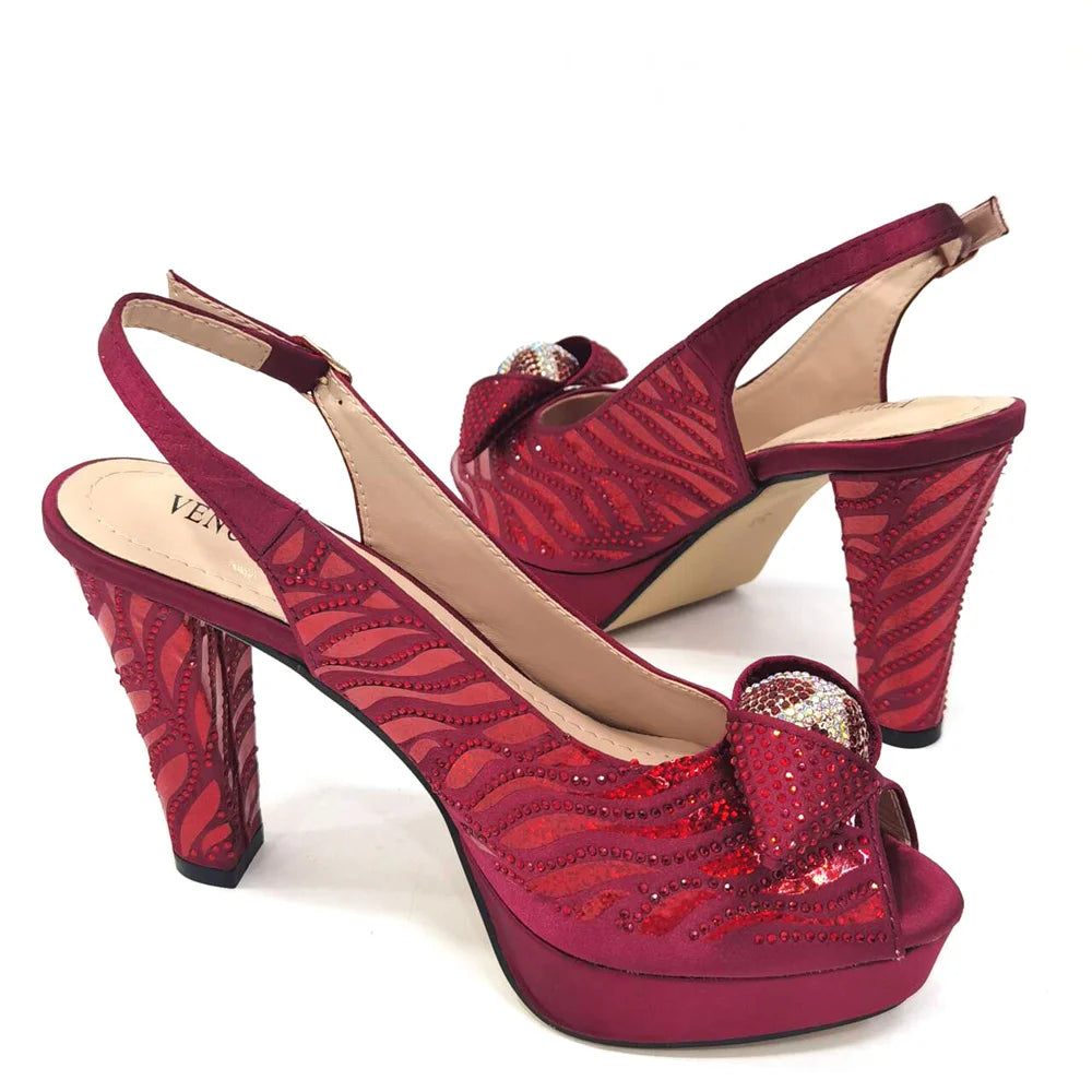 Venus Chan 2024 Newest Arrival Wine Red Color Peep Toe Women Sandals Shoes Matching Bag Set For Ladies Wedding Party Pump