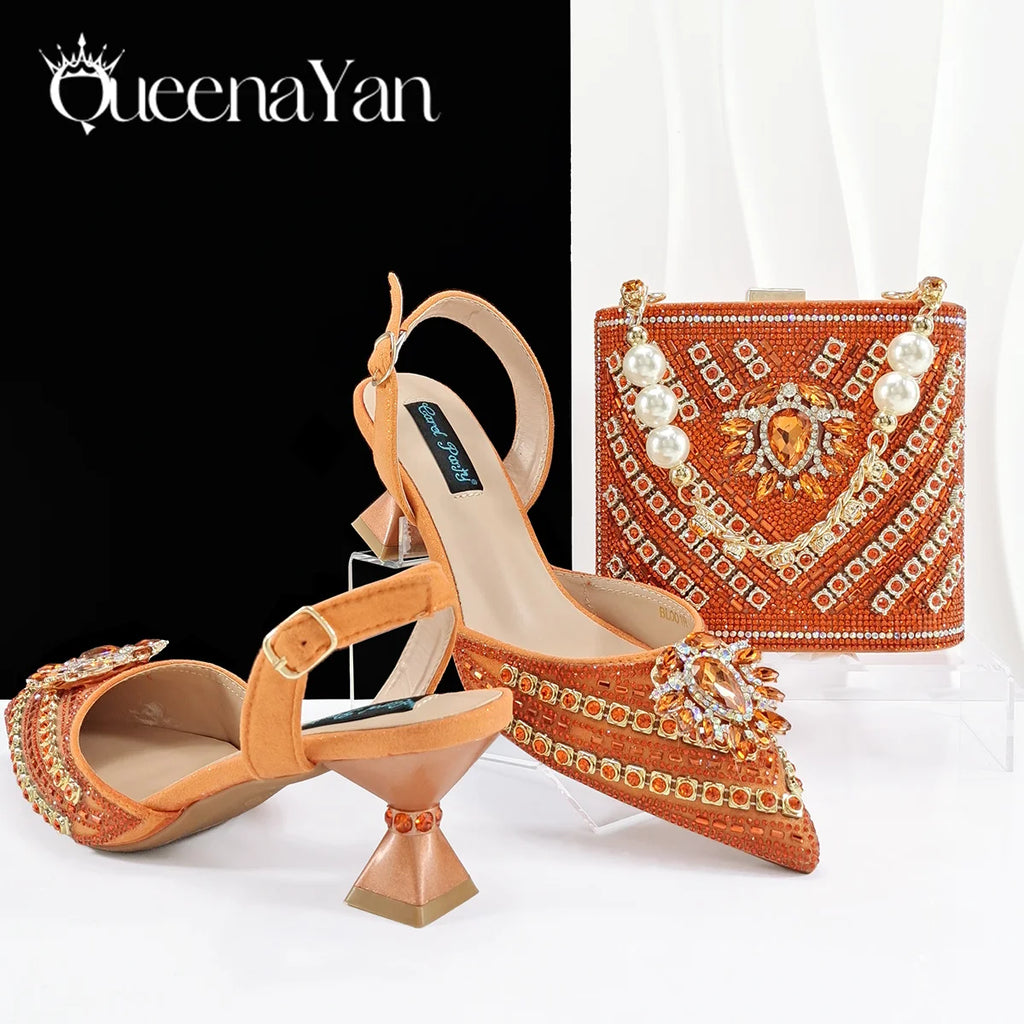 Queena Yan 2025 Elegant Fruit Green Women's Green Heels and Rhinestone Handbag Set - Italian Design for Weddings and Parties