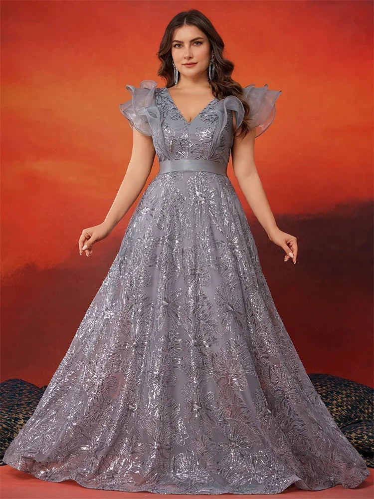 Lucyinlove Plus Size Luxury V-Neck ruffle sleeve Sequins Evening Dresses Women Elegant V-back Wedding Party Prom Cocktail Gowns